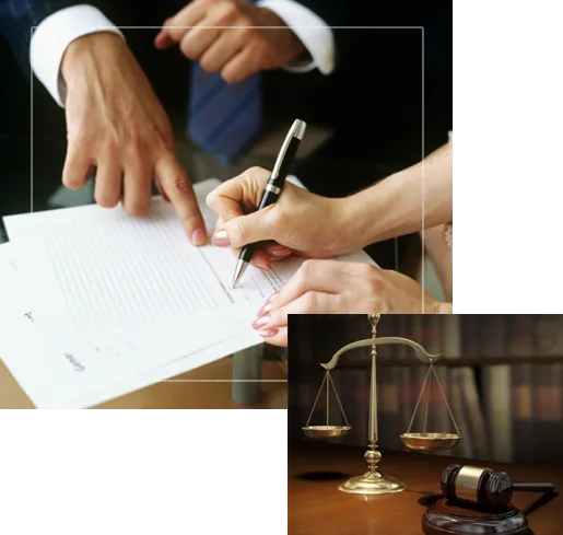 An attorney signing a document, with scales of justice and a gavel